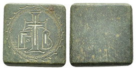 Byzantine commercial Weight of 2 Ounkia. Circa 5th-7th centuries (Bronze, 30.34 mm, 54.00 g). Square commercial weight with plain edges; Γ B with cros...