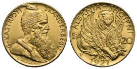 ALBANIA. Zog I Scanderbeg, 1925-1939. 20 Franga Ari 1927-V (Gold, 21.31 mm, 6.27 g). Wien, engraver Giuseppe Romagnoli. ALBANIA - SHQIPNI Winged Venet...