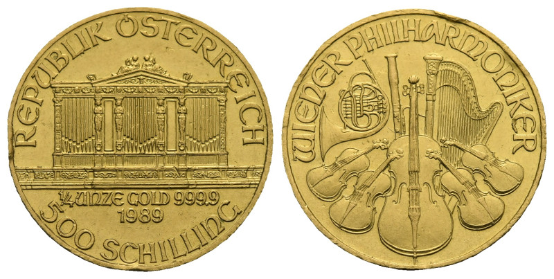 AUSTRIA. 500 Schilling 1989 (Gold, 22 mm, 7.77 g). REPUBLIK ÖSTERREICH 1/4 UNZE ...