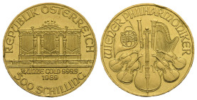 AUSTRIA. 500 Schilling 1989 (Gold, 22 mm, 7.77 g). REPUBLIK ÖSTERREICH 1/4 UNZE GOLD 999.9 1989 500 SCHILLING The big organ of the Wiener Musikverein ...