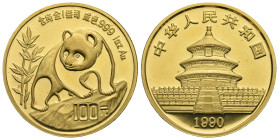 CHINA PEOPLE’S REPUBLIC. Panda 100 Yuan 1990 "Large Date" (gold, 32.02 mm, 31.18 g). Panda climbing rock, denomination below; fineness and gold weight...