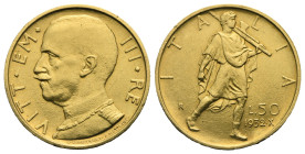 ITALY. Kingdom. Vittorio Emanuele III, 1900-1943. 50 Lire 1932-X (Gold, 20.65 mm, 4.40 g). Rome. VITT EM III RE Half-bust of king on the left in unifo...