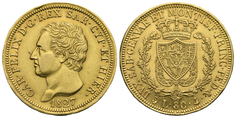 ITALY. Kingdom of Sardinia. Carlo Felice, 1821-1831. 80 Lire 1827-P (Gold, 33.00...