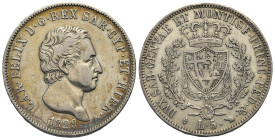 ITALY. Kingdom of Sardinia. Carlo Felice, 1821-1831. 5 Lire 1829 (Silver, 37.11 mm, 24.61 g), Torino. CAR FELIX D G REX SAR CYP ET HYER Bare head to r...