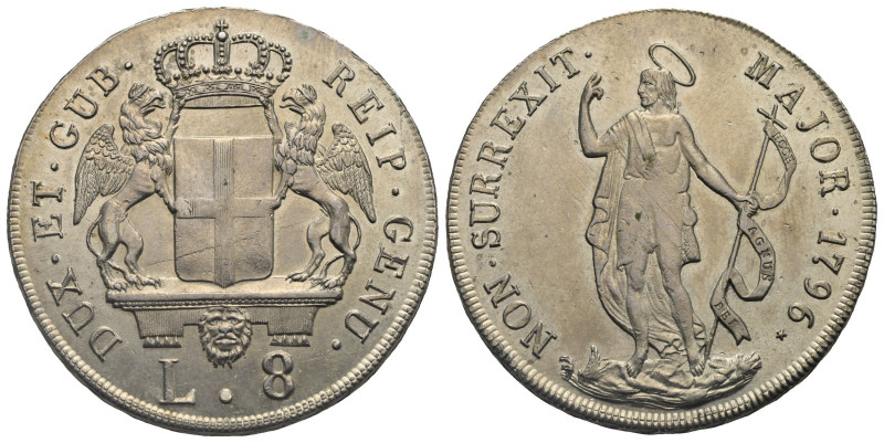 ITALY. Genova. Republic, 1528-1805. 8 Lire 1796 (Silver, 41.09 mm, 33.47 g). DUX...