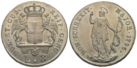 ITALY. Genova. Republic, 1528-1805. 8 Lire 1796 (Silver, 41.09 mm, 33.47 g). DUX ET GUB REIP GENU Crowned arms between two griffins. Rev. NON SURREXIT...