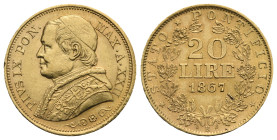 ITALY. Papal States. Pio IX, 1846-1878. 20 Lire 1867-R, ANNO XXII (Gold, 21.56 mm, 6.42 g). Rome, engraver Carl Friedrich Voigt. PIVS IX PON· MAX·A·XX...