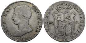 SPAIN. Joseph Napoleon, 1808-1814. 20 Reales 1810 (Silver, 28.06 mm, 27.14 g), Madrid. IOSEPH NAP DEI GRATIA 1810 Bust to left. Rev. HISPANIARVM ET IN...