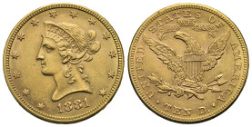 UNITED STATES OF AMERICA. 'Liberty Head' Eagle 10 Dollars 1881 (Gold, 27.09 mm, 16.69 g). Philadelphia, design by Christian Gobrecht. Liberty (coronet...