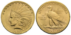 UNITED STATES OF AMERICA. 'Indian Head' 10 Dollars 1910-D (Gold, 26.99 mm, 16.70 g). Denver, engraver by Augustus Saint-Gaudens. Indian head facing le...