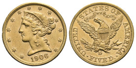 UNITED STATES OF AMERICA. 'Liberty Head' Eagle 5 Dollars 1906-D (Gold, 21.47 mm, 8.33 g). Denver, design by Christian Gobrecht. Liberty (coronet head)...