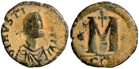 Justin I, 518-527. Follis (bronze, 12.83 g, 29 mm), Eastern imitation. Diademed, draped, and cuirassed bust right. Rev. Large M; cross above, star to ...