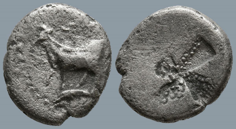 THRACE. Byzantion (Circa 340-320 BC)
AR 1/10 Stater (11mm 1.1g)
Obv: ΠY. Bull ...