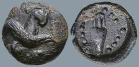 ISLANDS OFF IONIA. Chios. (Circa 310-190 BC).
AE Bronze (11.4mm 1.04g)
Obv: Sphinx seated left; to left, grape bunch above amphora; all on raised ci...