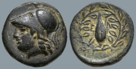 AEOLIS. Elaia. (Circa 340-300 BC).
AE Brozne (11.6mm 1.19g)
Obv: Helmeted head of Athena to left
Rev: Barley-grain, E-Λ across fields; all within l...