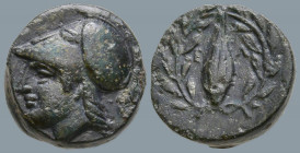 AEOLIS. Elaia. (Circa 340-300 BC).
AE Brozne (10.7mm 1.41g)
Obv: Helmeted head of Athena to left
Rev: Barley-grain, E-Λ across fields; all within l...