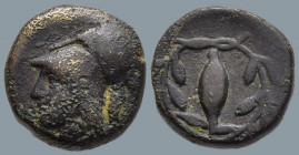 AEOLIS. Elaia. (Circa 340-300 BC).
AE Bronze (10.1mm 1.34g)
Obv: Helmeted head of Athena to left
Rev: Barley-grain within wreath
BMC 126