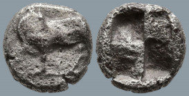 THRACO-MACEDONIAN REGION. Ennea Hodoi. (Circa 500-480 BC).
AR Diobol (9.5mm 1.03g)
Obv: Bull standing to left, head reverted
Rev: Quadripartite inc...