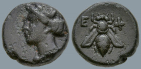 IONIA. Ephesos. (Circa 375-325 BC)
AE Bronze (10.6mm 1.37g)
Obv: Female head left, wearing mural-crown.
Rev: E - Φ. Bee.
SNG von Aulock 1839; SNG ...