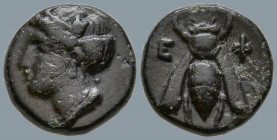 IONIA. Ephesos. (Circa 375-325 BC)
AE Bronze (11.3mm 1.58g)
Obv: Female head left, wearing mural-crown.
Rev: E - Φ. Bee.
SNG von Aulock 1839; SNG ...