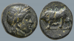 MYSIA. Gambrion. (4th century BC)
AE Bronze (9.6mm 1.16g)
Obv: Laureate head of Apollo to right.
Rev: Bull butting left.
SNG Copenhagen 156.