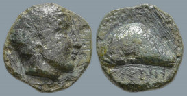 AEOLIS. Gyrneion. (4th-3rd centuries BC)
AE Bronze (8.2mm0.65g)
Obv: Laureate head of Apollo right.
Rev: ΓYPNHΩN. Mussel shell.
SNG Copenhagen 207...