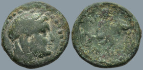 CARIA. Iasos. (Circa 200-150 BC)
AEBronze(17.1mm 3.22g)
Obv: Laureate head of Apollo to right.
Rev: The youth Hermias swimming to right, his left a...