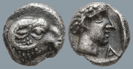 CARIA. Kasolaba. (Circa 450-400 BC)
AR Hemiobol (7.2mm 0.47g)
Obv:Head of young male right; Carian letters flanking neck
Rev: Head of ram right
Ko...