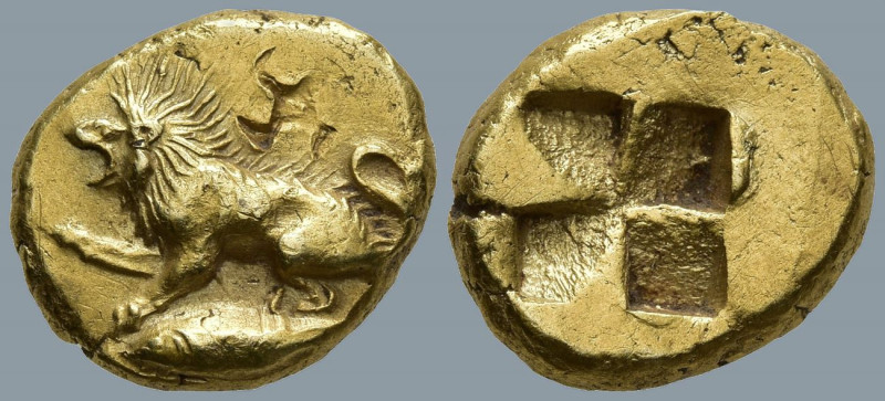 MYSIA. Kyzikos. (Circa 550-450 BC)
EL Hekte (11.1mm 2.62g)
Obv: Lion, with rig...