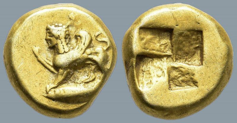 MYSIA. Kyzikos. (Circa 550-450 BC).
EL Hekte (10.7mm 2.71g)
Obv: Sphinx, with ...