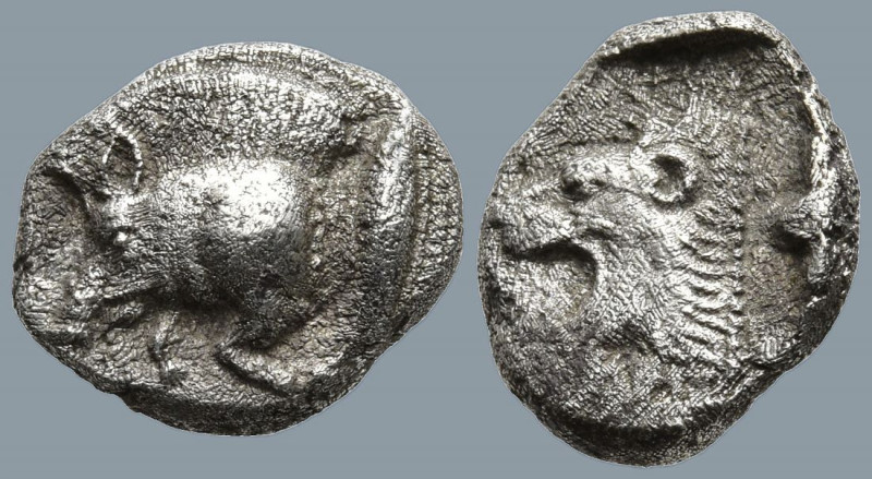 MYSIA. Kyzikos. (Circa 450-400 BC).
AR Diobol (9.1mm 1.13g)
Obv: Forepart of b...