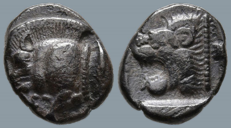 MYSIA. Kyzikos. (Circa 450-400 BC).
AR Diobol (9.6mm 0.94g)
Obv: Forepart of b...