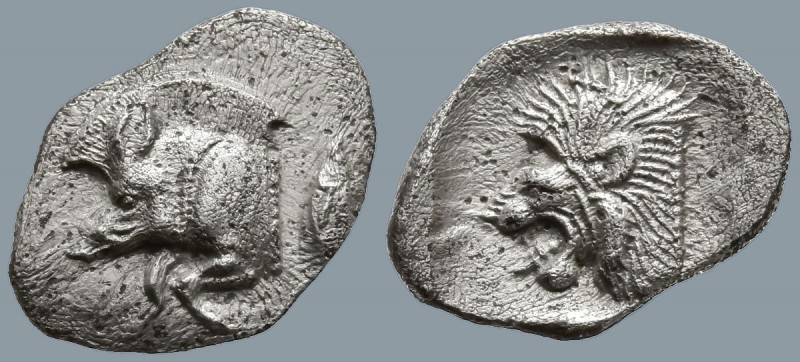 MYSIA. Kyzikos. (Circa 450-400 BC).
AR Obol (10.6mm 0.77g)
Obv: Forepart of bo...