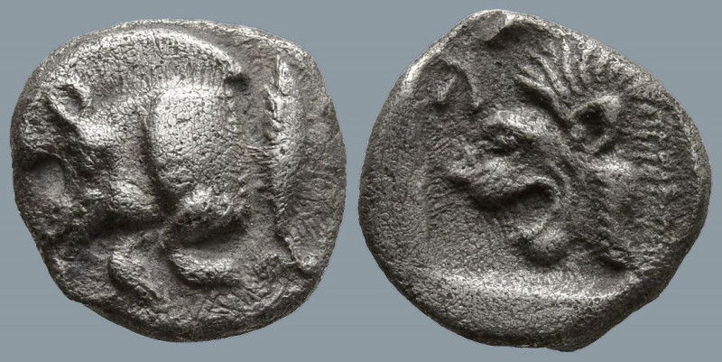 MYSIA. Kyzikos. (Circa 450-400 BC)
AR Obol (9.7mm 0.75g)
Obv: Forepart of boar...