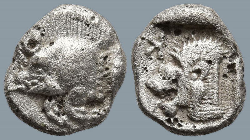 MYSIA. Kyzikos. (Circa 450-400 BC)
AR Obol (8.2mm 0.78g)
Obv: Forepart of boar...