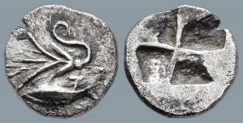 MYSIA. Kyzikos. (Circa 550-500 BC)
AR Hemiobol (8.9mm 0.38g)
Obv:Tunny to righ...