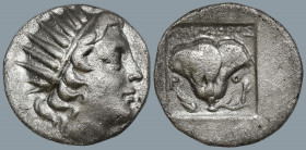 ISLANDS off CARIA, Rhodos. Rhodes. (Circa 88-84 BC). 'Plinthophoric' coinage. Nicephorus, magistrate.
AR Drachm (15.8mm 2.92g)
Obv: Radiate head of ...