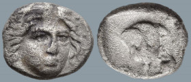 ISLANDS off CARIA. Rhodos. Rhodes. (Circa 408/7-390 BC).
AR Hemidrachm (10.8mm 1.62g).
Obv: Head of Helios facing slightly right
Rev: Rose; P-[O] f...