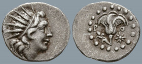 ISLANDS OFF CARIA, Rhodos. Rhodes. (Circa 188-84 BC)
AR Diobol (10.7mm 0.88g)
Obv: Radiate head of Helios right.
Rev: P - O. Rose, bud to left; sta...