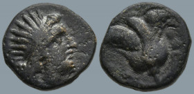 ISLANDS off CARICA. Rhodos. Rhodes. (Circa 166-88 BC).
AE Bronze (1.1mm 1.47g).
Obv: Radiate head of Helios right
Rev: P-O, rose with bud to right....