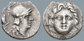 PISIDIA. Selge (Circa 350-300 BC)
AR Obol (11.2mm 0.96g)
Obv: Facing gorgoneion.
Rev: Helmeted head of Athena right; astragalos to left.
SNG BN 19...