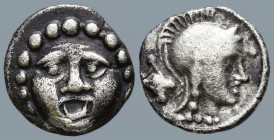 PISIDIA. Selge (Circa 350-300 BC)
AR Obol (9.6mm 0.68g)
Obv: Facing gorgoneion.
Rev: Helmeted head of Athena right; astragalos to left.
SNG BN 193...