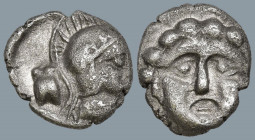 PISIDIA. Selge. (Circa 350-300 BC)
AR Obol (9.5mm 0.84g)
Obv: Facing gorgoneion with protruding tongue
Rev: Helmeted head of Athena to right; astra...