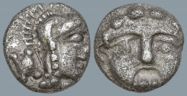 PISIDIA. Selge. (Circa 350-300 BC)
AR Obol (9.4mm 0.92g)
Obv: Facing gorgoneion with protruding tongue
Rev: Helmeted head of Athena to right; astra...