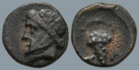 AEOLIS. Temnos. (3rd century BC)
AE Bronze (10mm 0.81g)
Obv: Head of Dionysos left, wearing ivy wreath.
Rev: T - A. Grape bunch on vine.
SNG Arika...