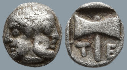 ISLANDS off TROAS. Tenedos. (Circa 450-387 BC).
AR Obol (7.9mm 0.56g)
Obv: Janiform head of Hera, on left, and Zeus, on right.
Rev: Τ-Ε Double ax w...