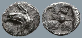 IONIA. Teos. (Circa 475-450 BC).
AR Tetartemorion (5.9mm 0.19g)
Obv: Head of griffin right
Rev: Quadripartite incuse square.
SNG Kayhan 603