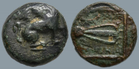 IONIA. Teos. (Circa 210-190 BC).
AE Bronze (11.6mm 1.62g)
Obv: Griffin seated to right, raising forepaw
Rev: Lyre; THIΩN to right, horse's hoof to ...