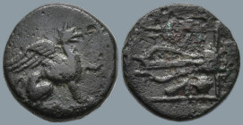 IONIA. Teos. (Circa 210-190 BC)
AE Bronze (12.8mm 1.44g)
Obv: Griffin seated to right, his left forepaw raised.
Rev: TΗΙΩΝ Chelys; to left, leg of ...