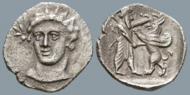 CILICIA. Uncertain mint. (4th century BC)
AR Obol (10.7mm 0.64g)
Obv: Wreathed female head facing slightly to left
Rev: Persian Great King standing...